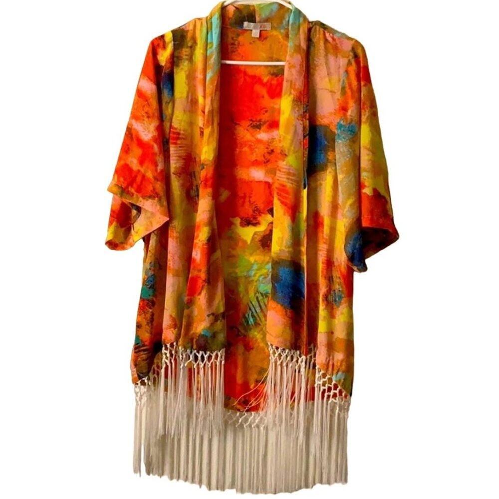 GIANNI BINI GB Fringe Tassel‎ Short Sleeve Colorful Cover Up Cardigan Sz M